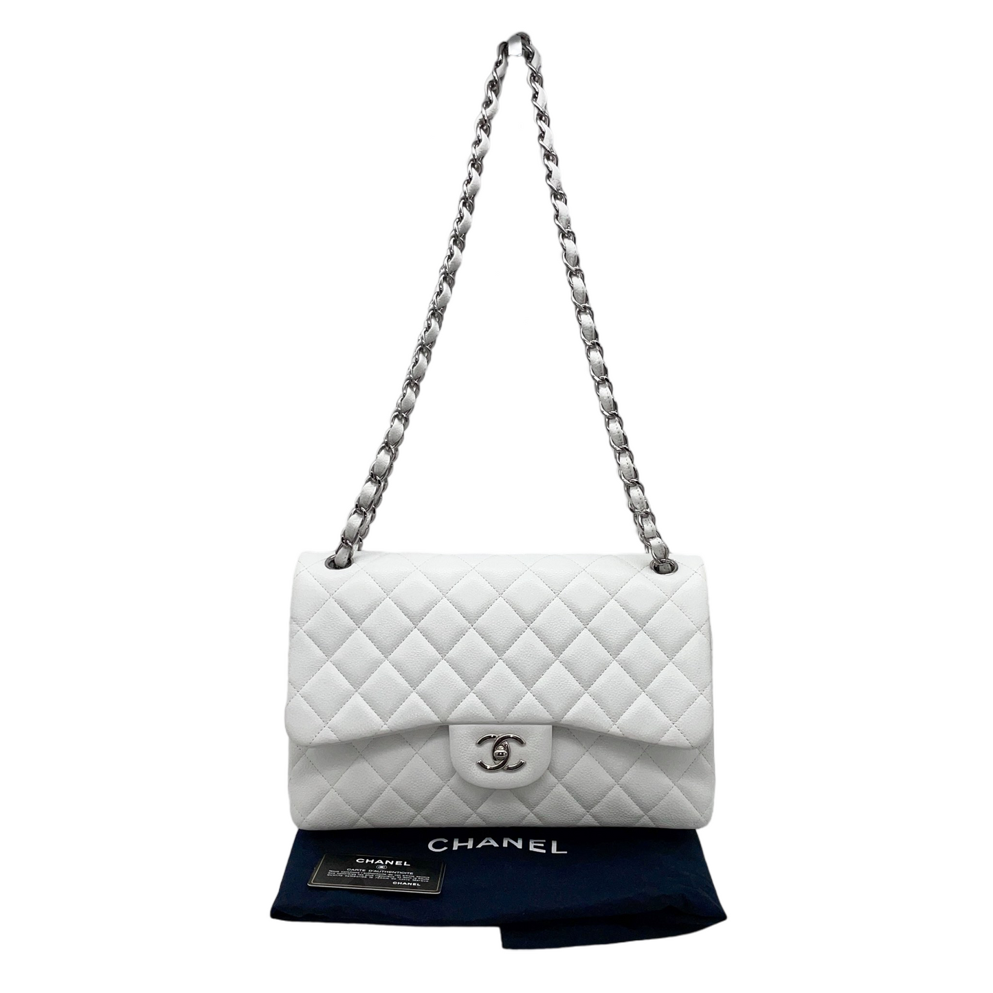 RARE☆☆☆CHANEL Caviar Skin Matelasse Coco Mark Turn Rock Classic Flap GM White SHW