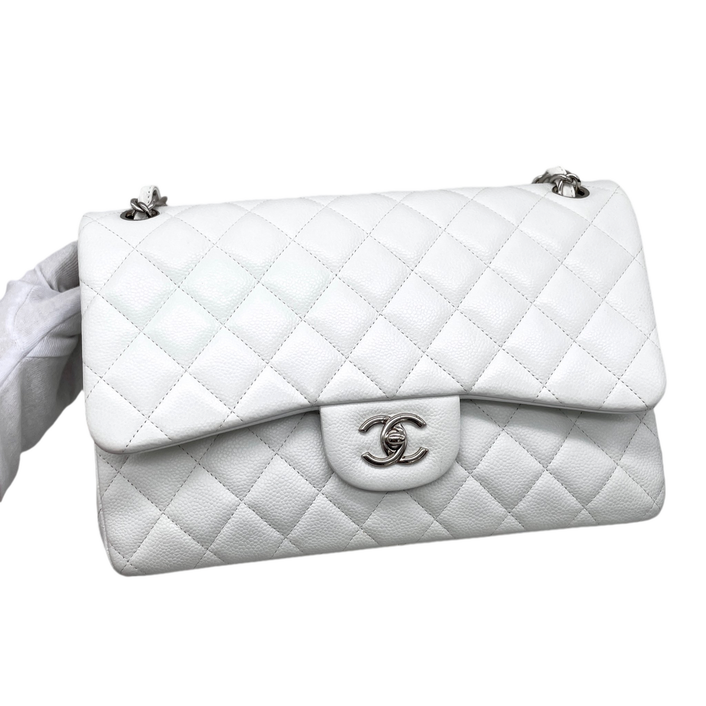 RARE☆☆☆CHANEL Caviar Skin Matelasse Coco Mark Turn Rock Classic Flap GM White SHW