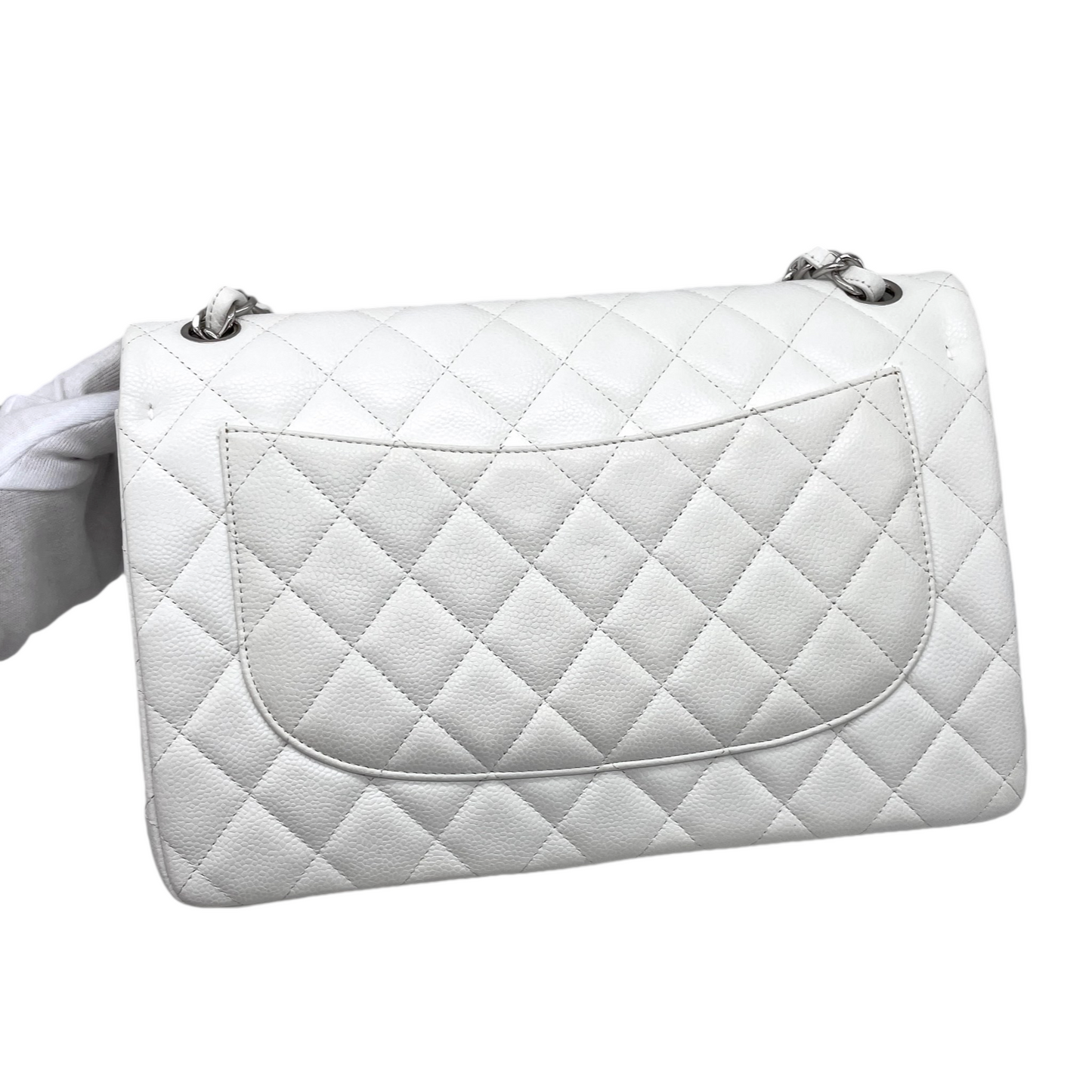 RARE☆☆☆CHANEL Caviar Skin Matelasse Coco Mark Turn Rock Classic Flap GM White SHW
