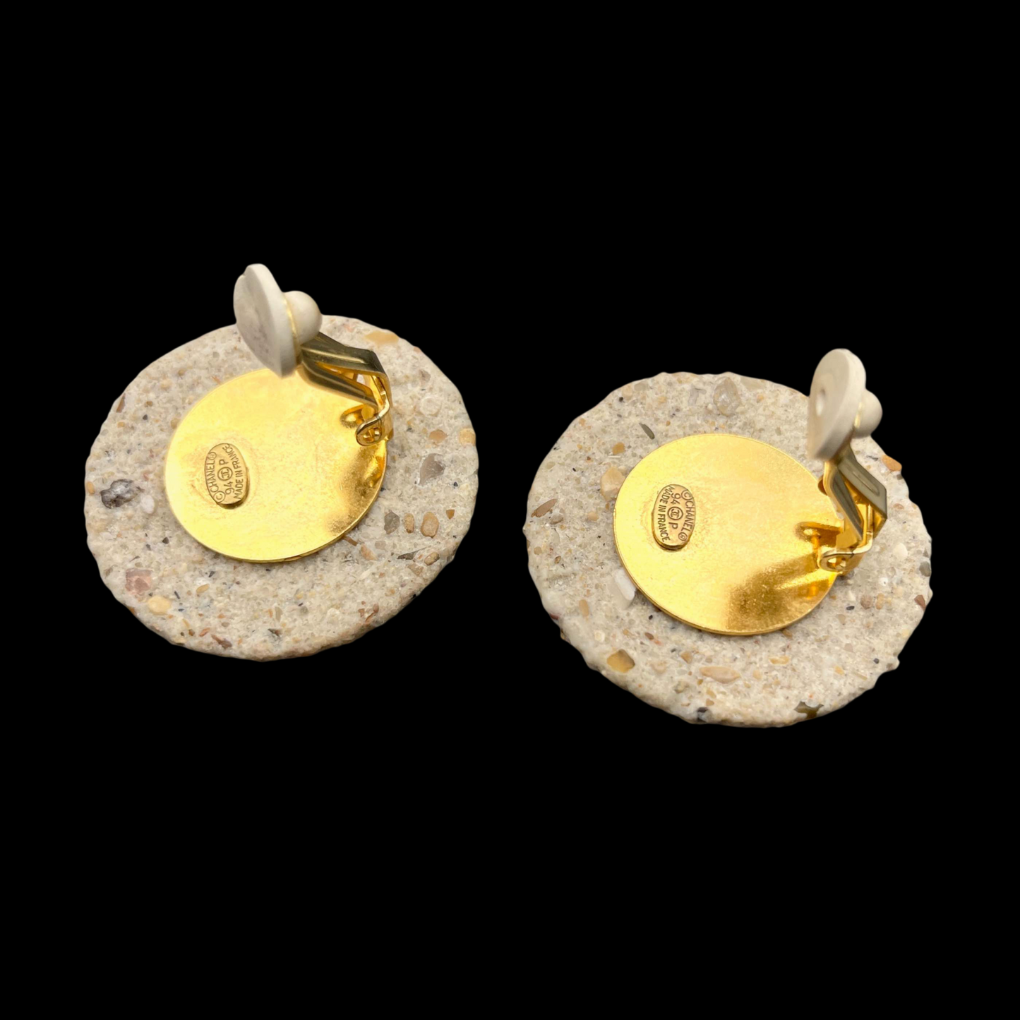 AUTH Pre-owned CHANEL Coco Mark Stone Earrings/Beige/Gold