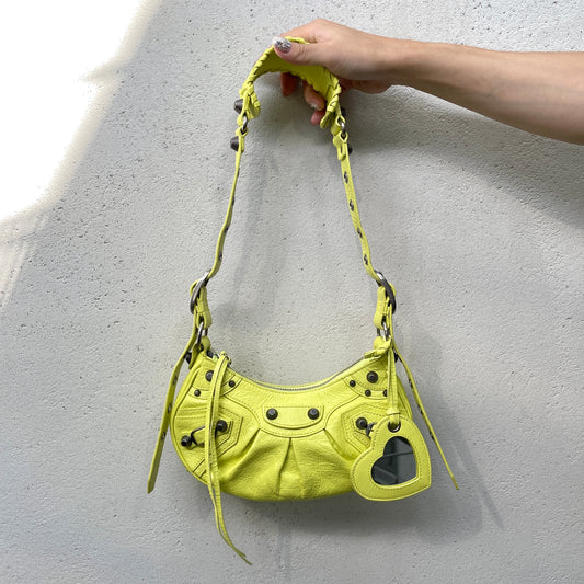 RARE☆☆☆☆Balenciaga Le Cagole Shoulder Bag XS in Neon Green Arena Lambskin, Aged-Silver Hardware