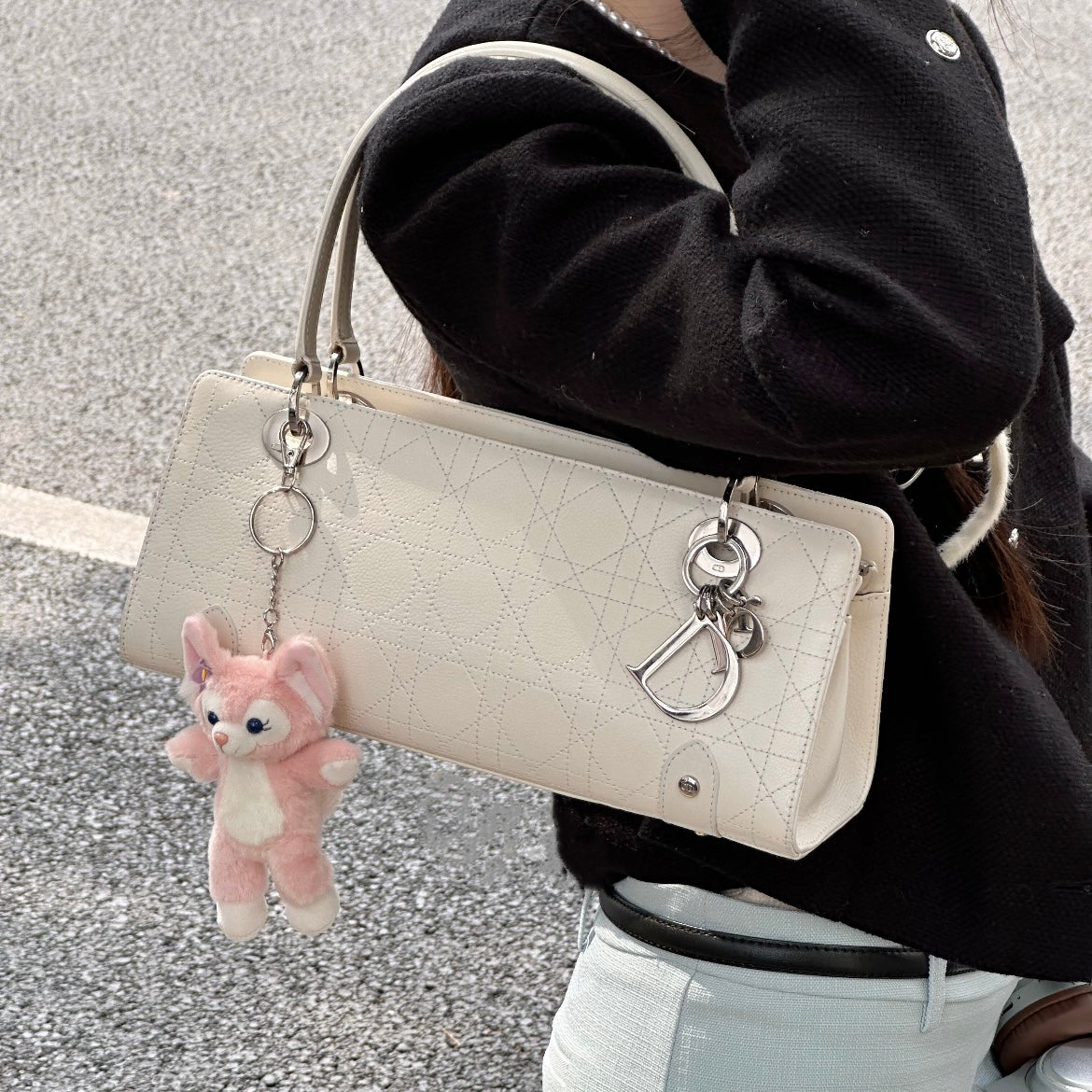 RARE☆☆☆☆CHRISTIAN DIOR Lady-Dior Canage Leather Pendant Hand Bag White & Silver