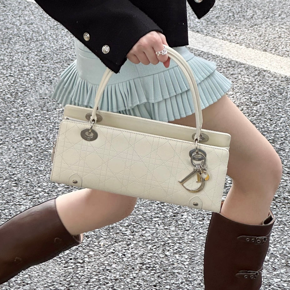 RARE☆☆☆☆CHRISTIAN DIOR Lady-Dior Canage Leather Pendant Hand Bag White & Silver