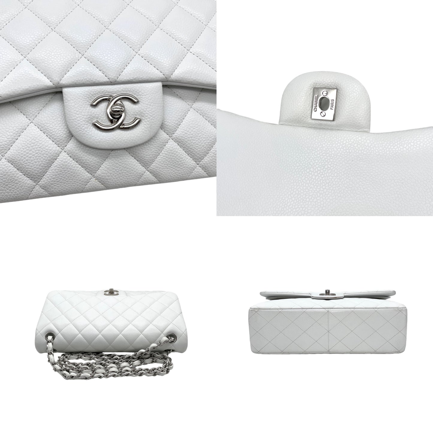 RARE☆☆☆CHANEL Caviar Skin Matelasse Coco Mark Turn Rock Classic Flap GM White SHW
