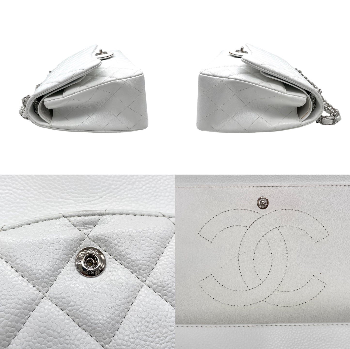 RARE☆☆☆CHANEL Caviar Skin Matelasse Coco Mark Turn Rock Classic Flap GM White SHW