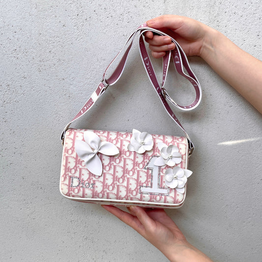 RARE☆☆☆☆CHRISTIAN DIOR Trotter Canvas No1 Y2K Flower Motif Crossbody Shoulder Bag Pink & White