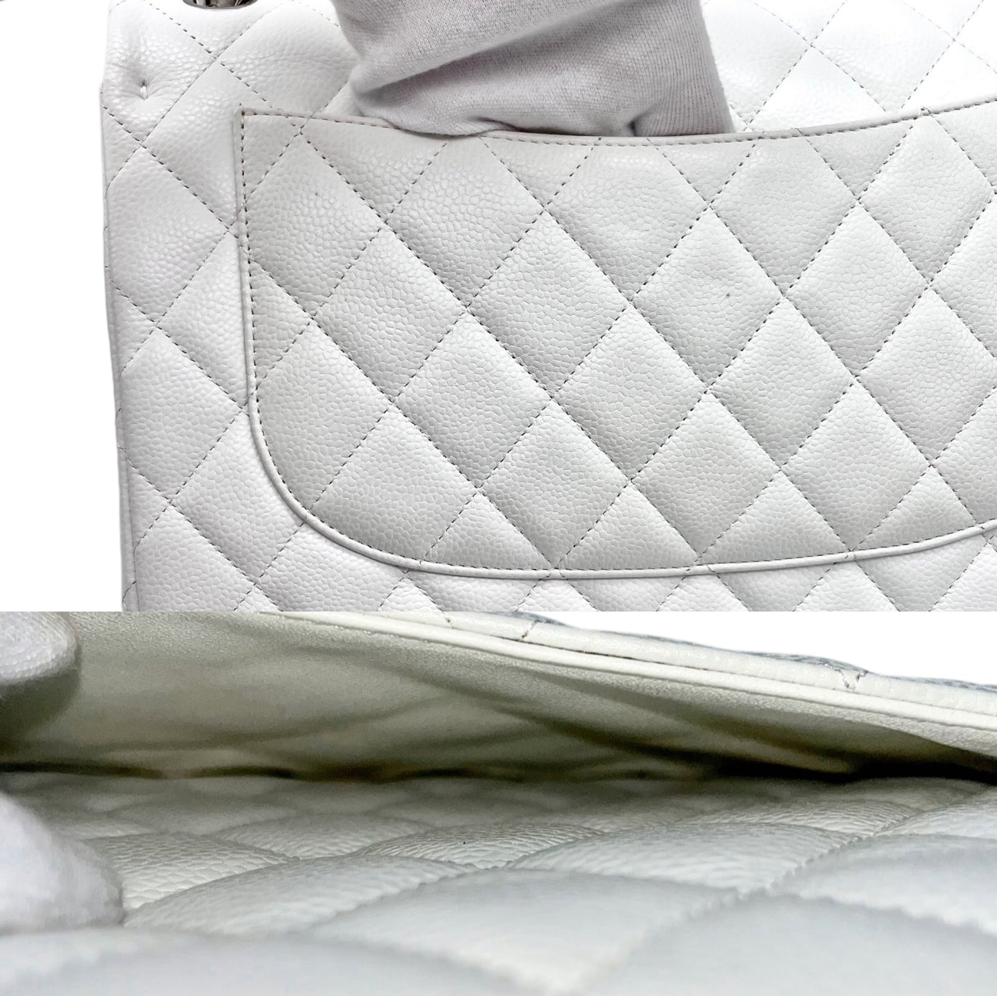 RARE☆☆☆CHANEL Caviar Skin Matelasse Coco Mark Turn Rock Classic Flap GM White SHW