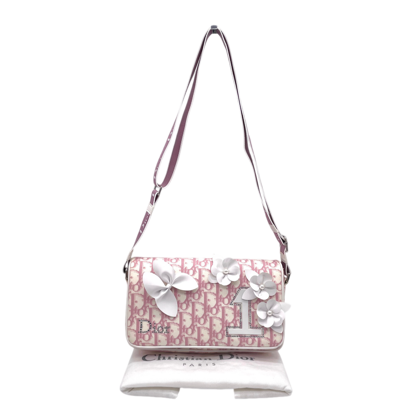 RARE☆☆☆☆CHRISTIAN DIOR Trotter Canvas No1 Y2K Flower Motif Crossbody Shoulder Bag Pink & White