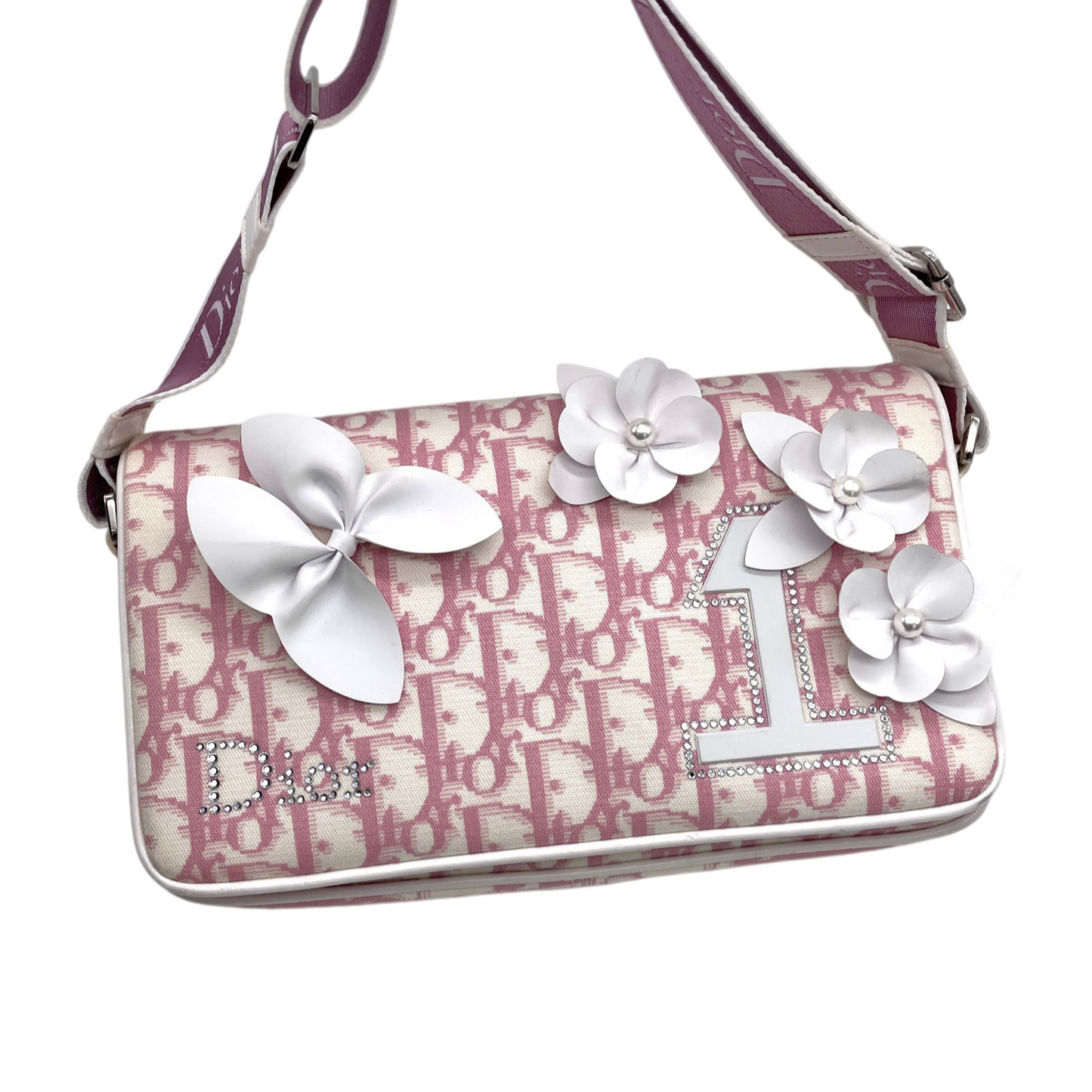 RARE☆☆☆☆CHRISTIAN DIOR Trotter Canvas No1 Y2K Flower Motif Crossbody Shoulder Bag Pink & White