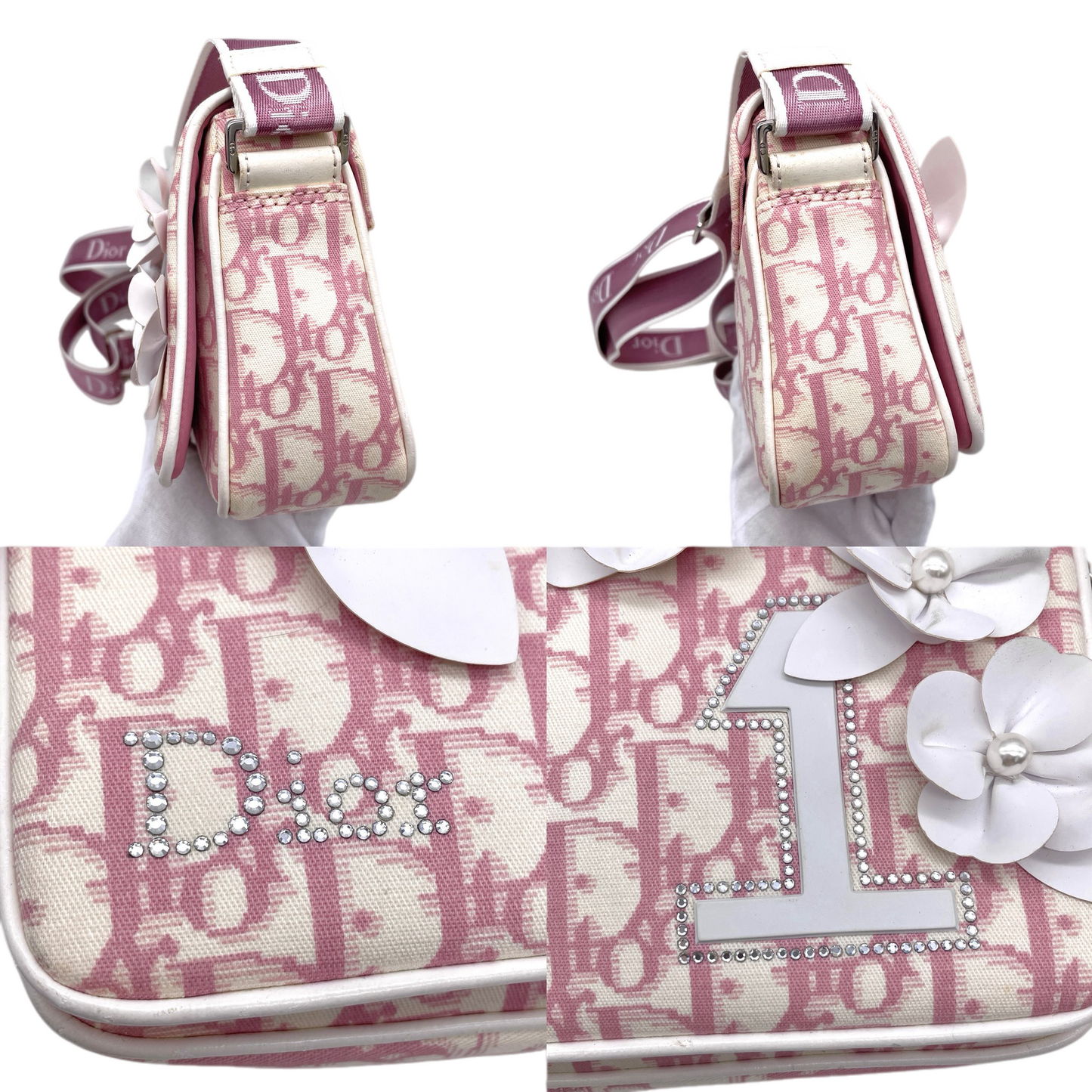 RARE☆☆☆☆CHRISTIAN DIOR Trotter Canvas No1 Y2K Flower Motif Crossbody Shoulder Bag Pink & White