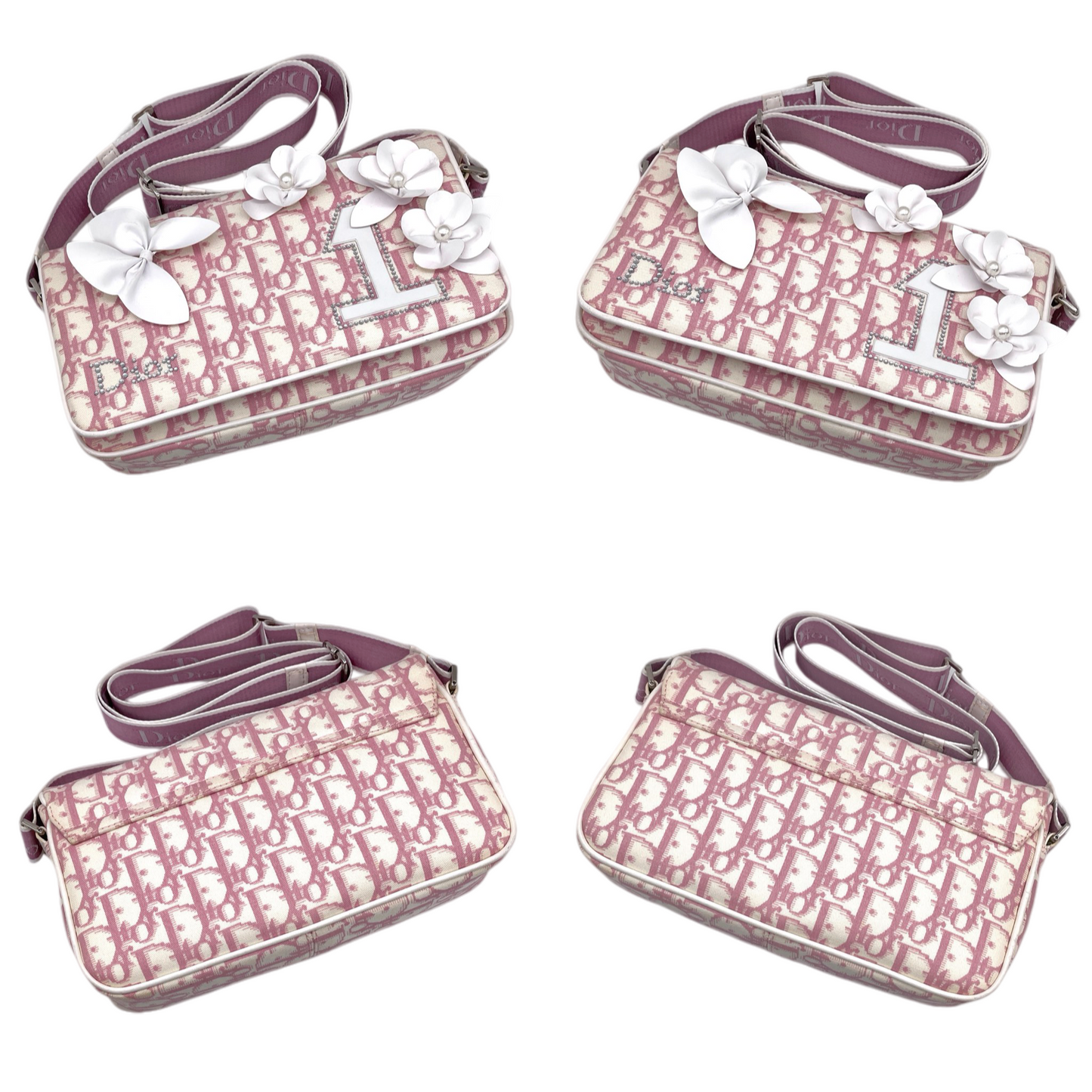RARE☆☆☆☆CHRISTIAN DIOR Trotter Canvas No1 Y2K Flower Motif Crossbody Shoulder Bag Pink & White