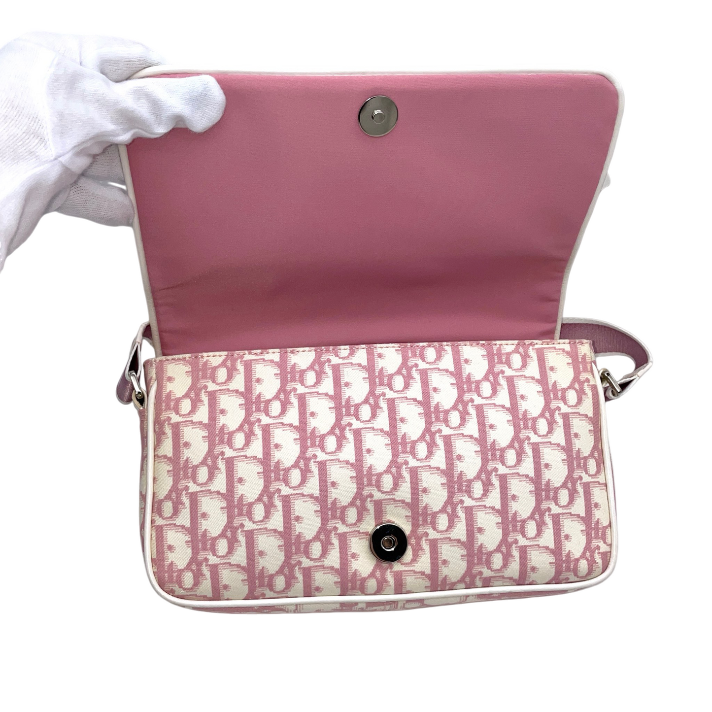 RARE☆☆☆☆CHRISTIAN DIOR Trotter Canvas No1 Y2K Flower Motif Crossbody Shoulder Bag Pink & White