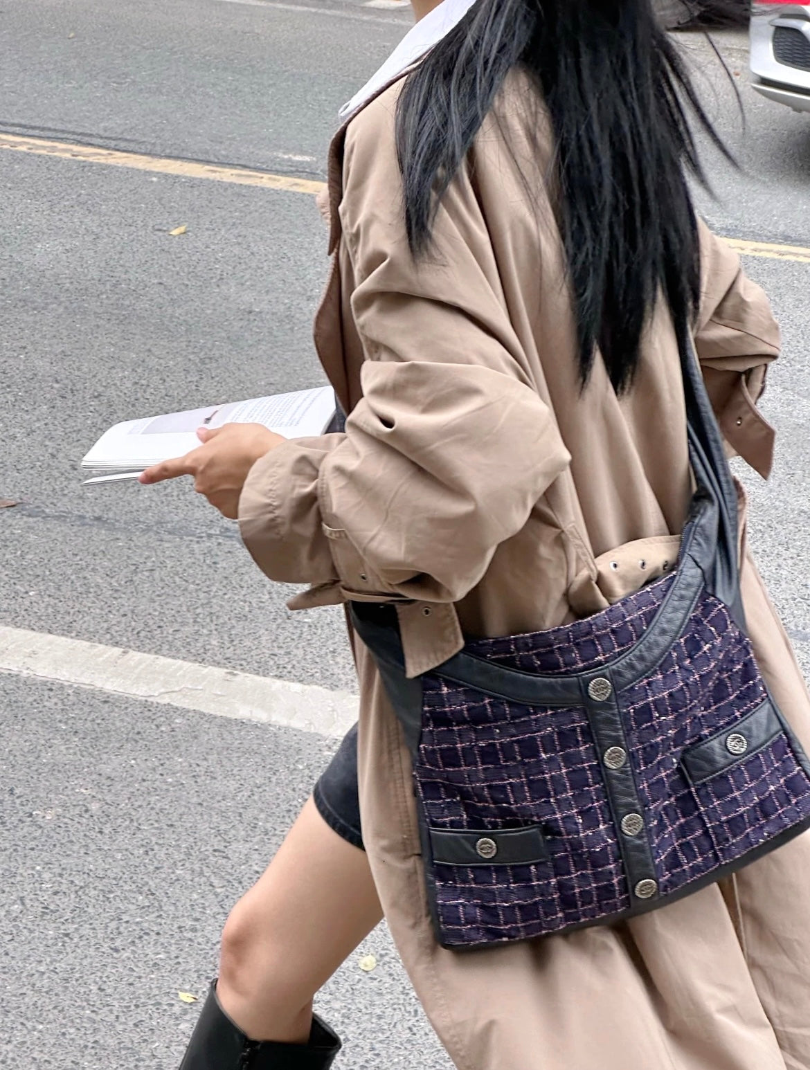 RARE☆☆☆☆☆ CHANEL 2015 SS Collection Girl Chanel Purple Tweed Black Lambskin Leather