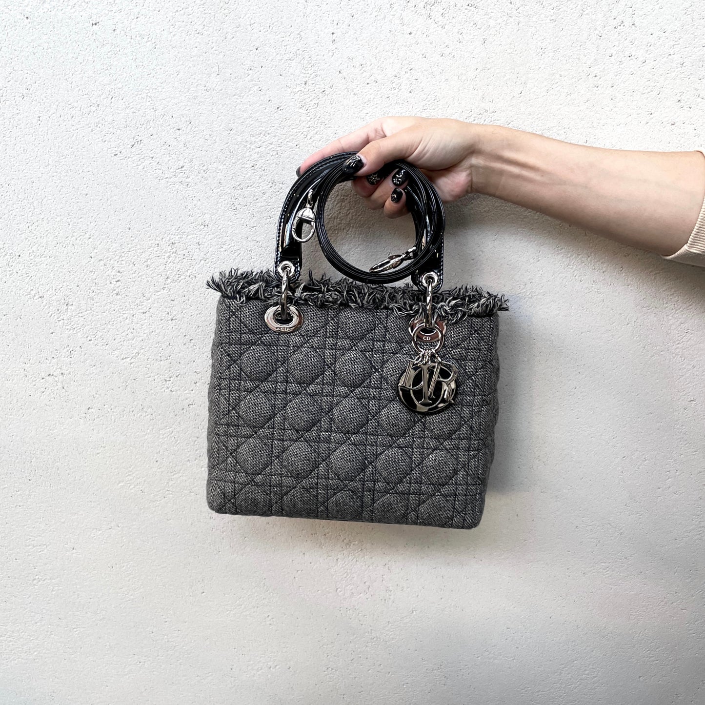 RARE☆☆☆CHRISTIAN DIOR Lady-Dior Cannage･Denim 2-Way Tote Hand Bag GM SHW Gray &amp; Black