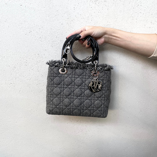 RARE☆☆☆CHRISTIAN DIOR Lady-Dior Cannage･Denim 2-Way Tote Hand Bag GM SHW Gray &amp; Black