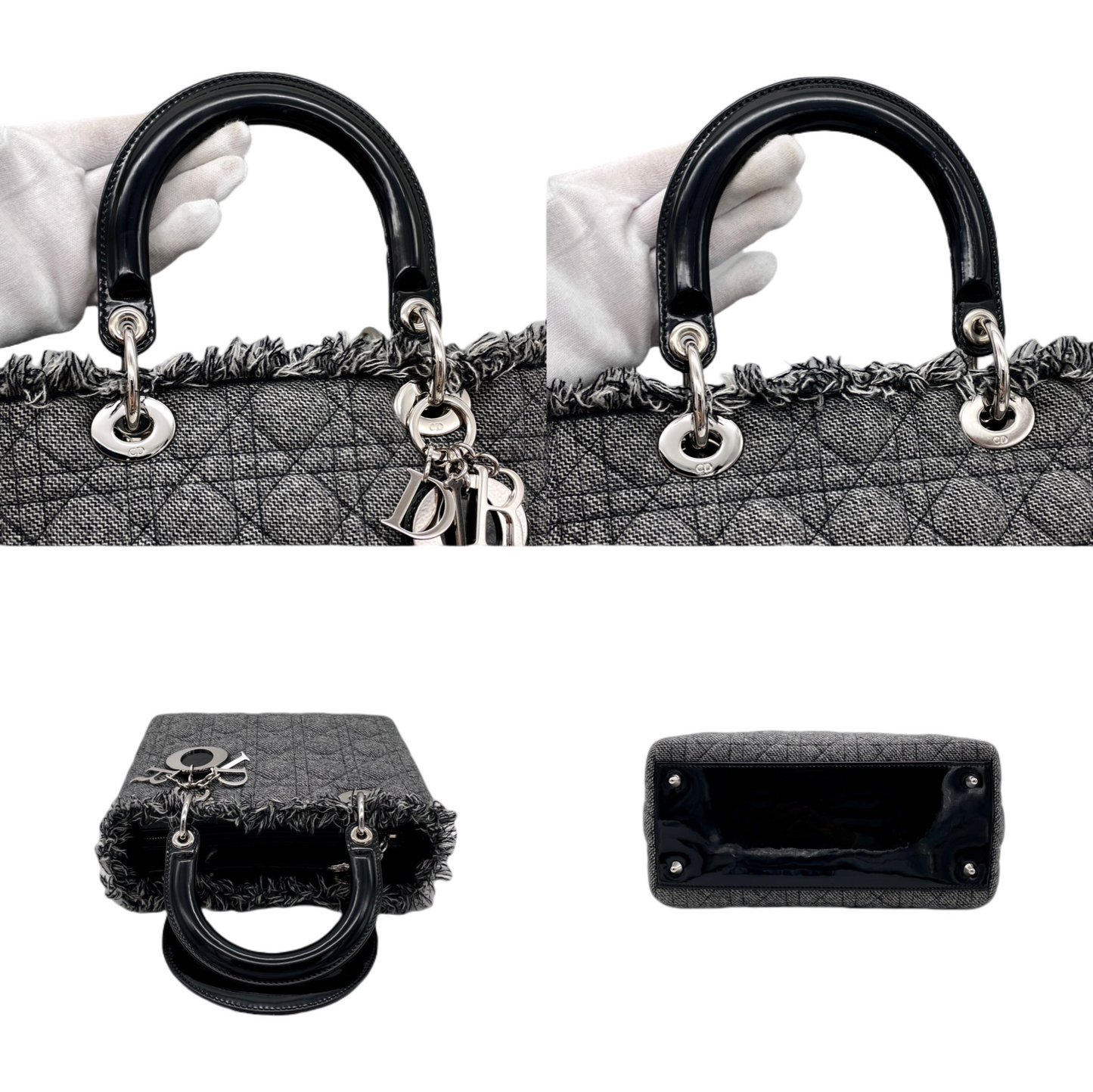 RARE☆☆☆CHRISTIAN DIOR Lady-Dior Cannage･Denim 2-Way Tote Hand Bag GM SHW Gray &amp; Black