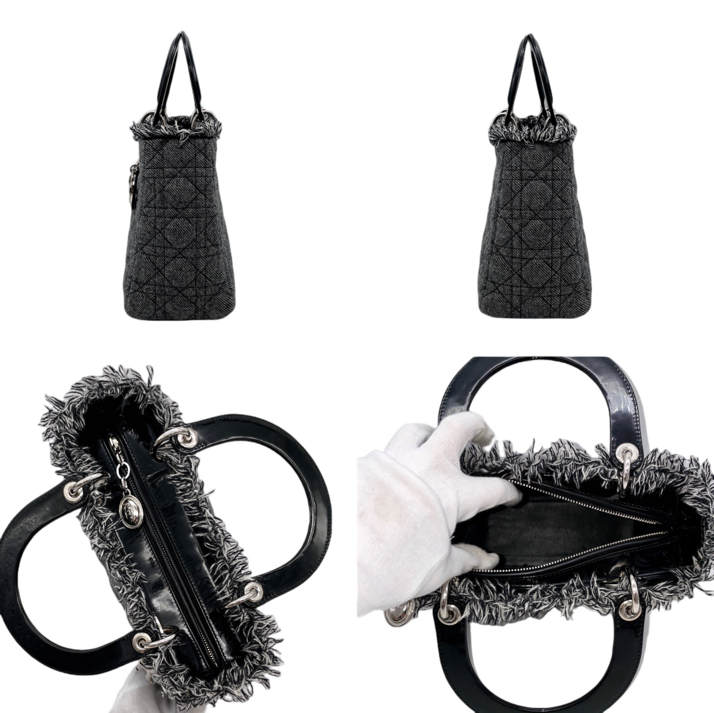 RARE☆☆☆CHRISTIAN DIOR Lady-Dior Cannage･Denim 2-Way Tote Hand Bag GM SHW Gray &amp; Black