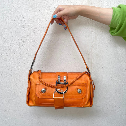 RARE☆☆☆☆CHRISTIAN DIOR 2005 FW Flight Line Leather D Logo Hobo Shoulder Bag Orange & Silver