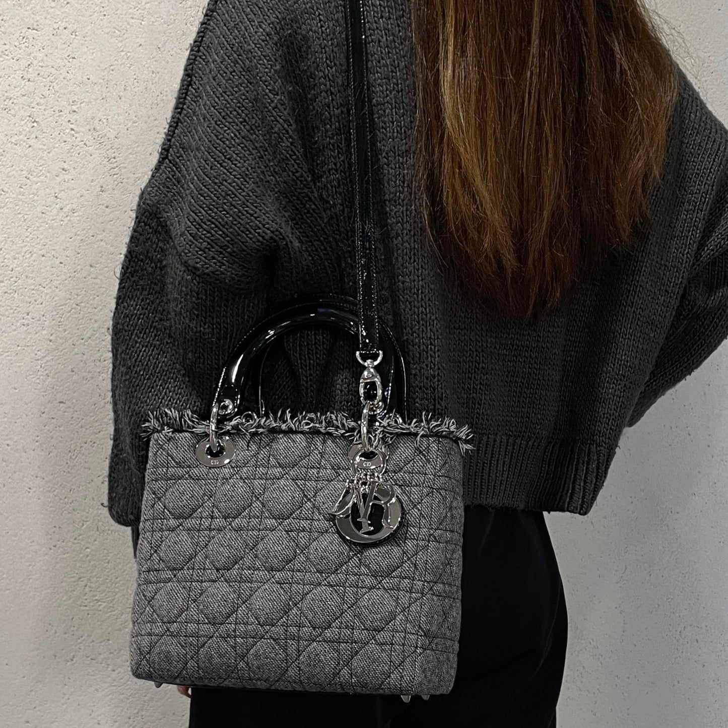 RARE☆☆☆CHRISTIAN DIOR Lady-Dior Cannage･Denim 2-Way Tote Hand Bag GM SHW Gray &amp; Black