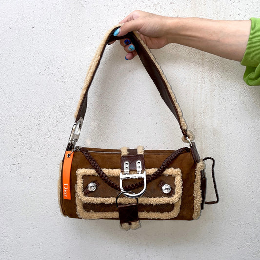 RARE☆☆☆☆☆CHRISTIAN DIOR 2005 FW Limited Flight Line Shearling D Logo Hobo Shoulder Bag Brown & Orange