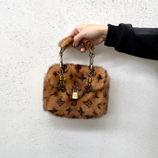 RARE☆☆☆☆☆☆☆LOUIS VUITTON 2004 Extraordinary Mini Papillon Monogram Mink Fur Crocodile Leather Brown & Antique Gold