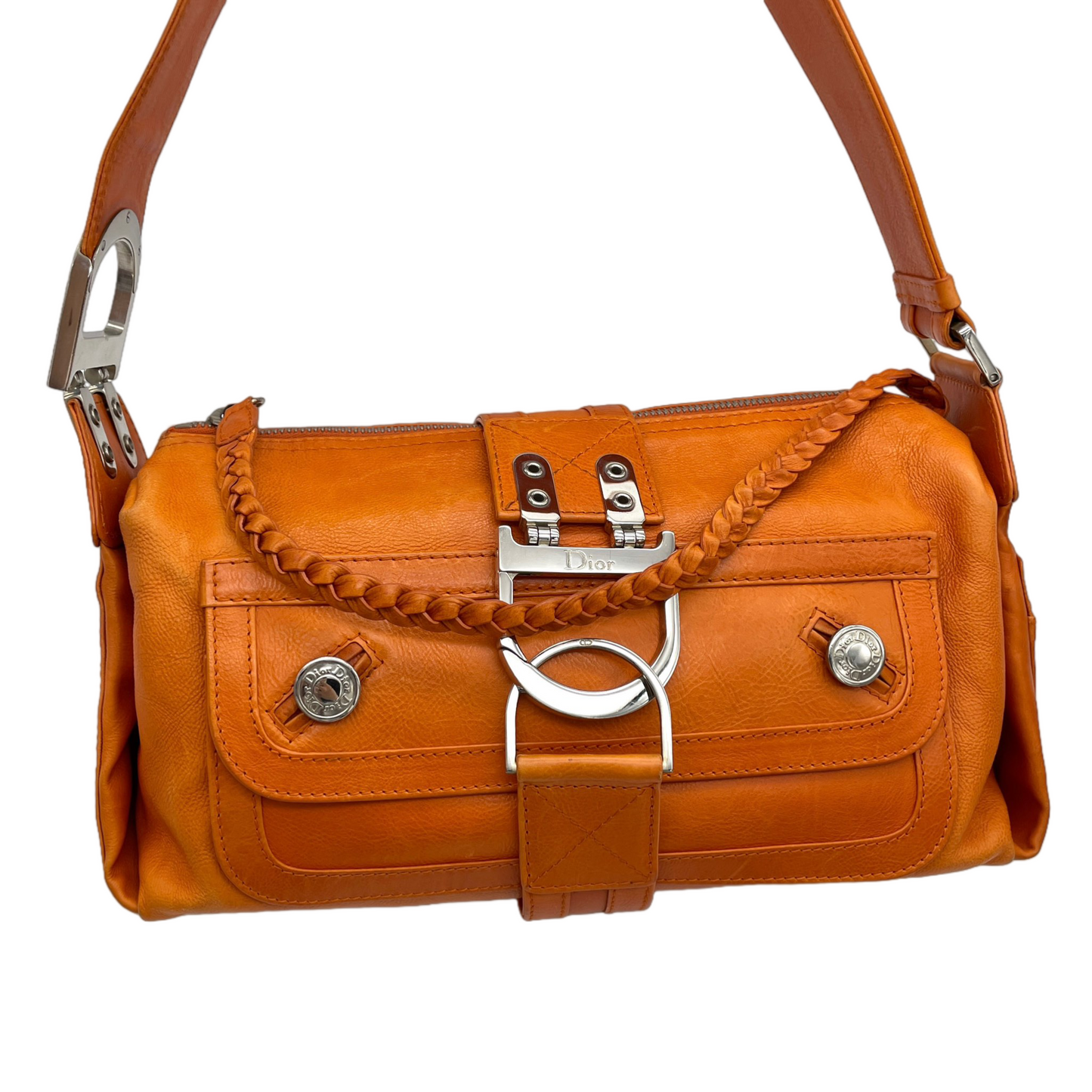 RARE☆☆☆☆CHRISTIAN DIOR 2005 FW Flight Line Leather D Logo Hobo Shoulder Bag Orange &amp; Silver