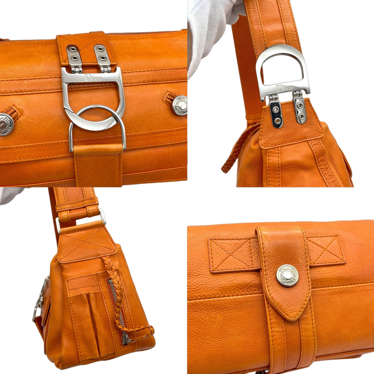 RARE☆☆☆☆CHRISTIAN DIOR 2005 FW Flight Line Leather D Logo Hobo Shoulder Bag Orange &amp; Silver