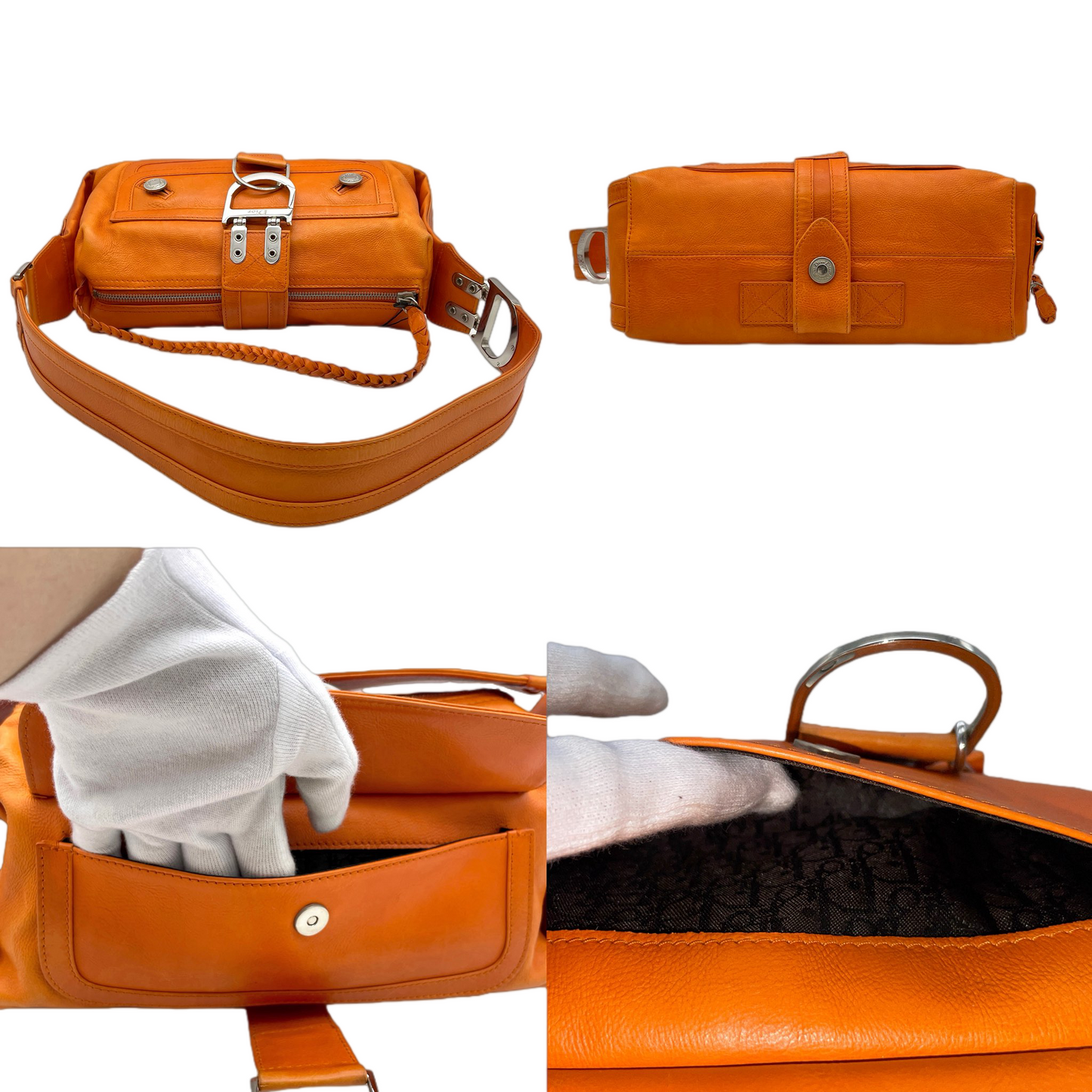 RARE☆☆☆☆CHRISTIAN DIOR 2005 FW Flight Line Leather D Logo Hobo Shoulder Bag Orange &amp; Silver