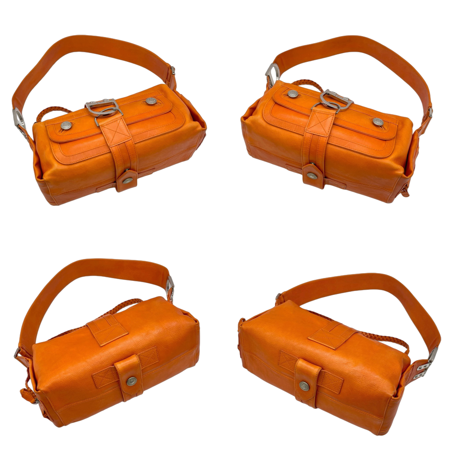 RARE☆☆☆☆CHRISTIAN DIOR 2005 FW Flight Line Leather D Logo Hobo Shoulder Bag Orange &amp; Silver