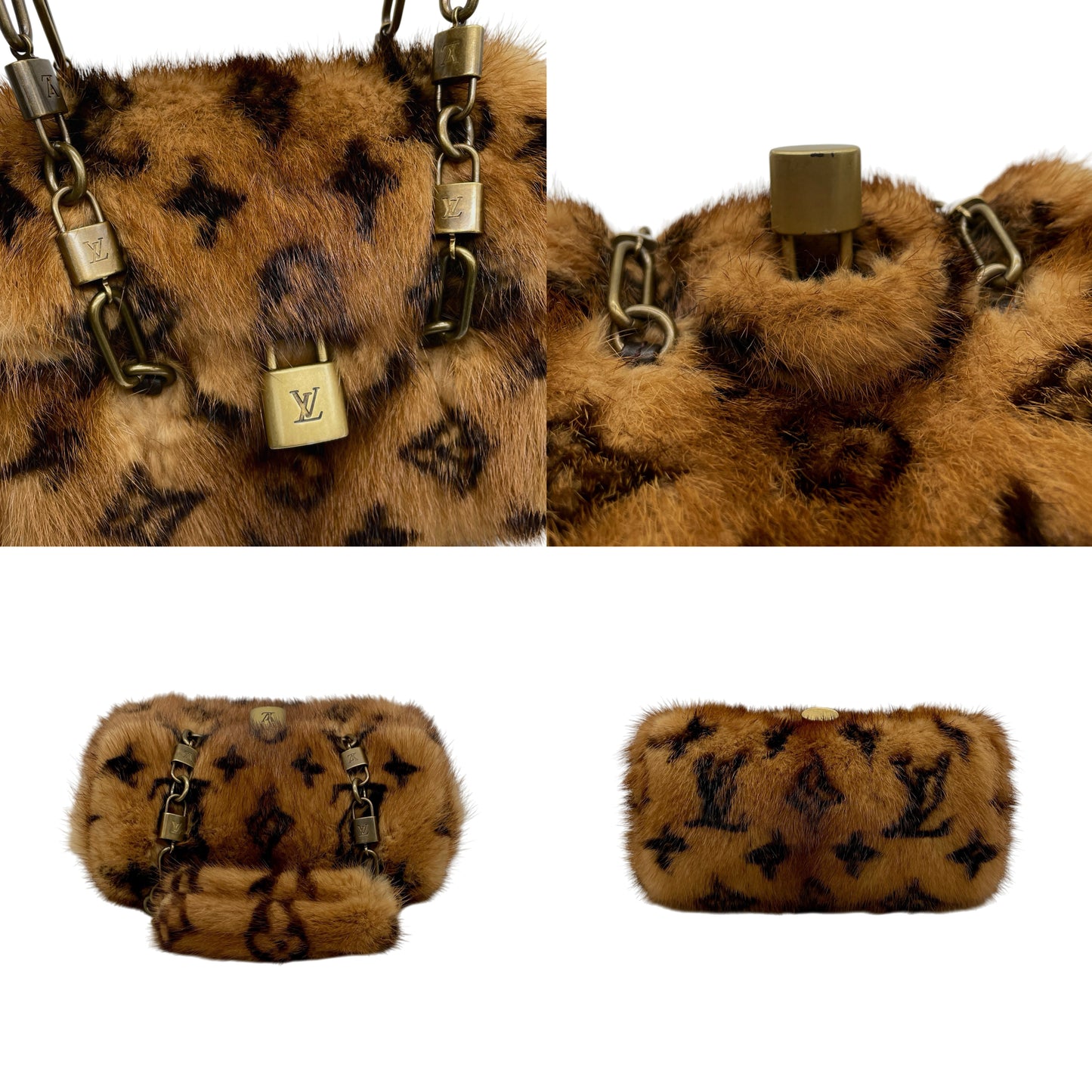 RARE☆☆☆☆☆☆☆LOUIS VUITTON 2004 Extraordinary Mini Papillon Monogram Mink Fur Crocodile Leather Brown & Antique Gold