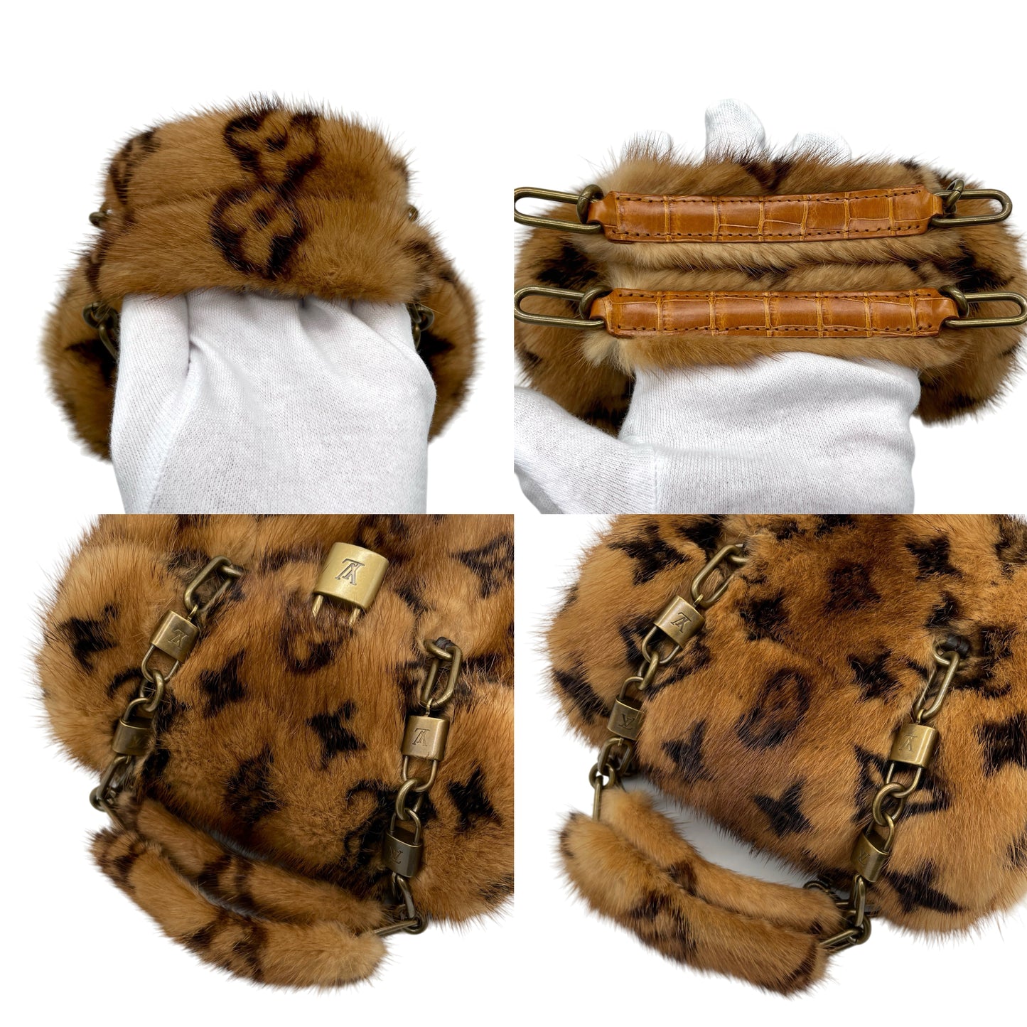 RARE☆☆☆☆☆☆☆LOUIS VUITTON 2004 Extraordinary Mini Papillon Monogram Mink Fur Crocodile Leather Brown & Antique Gold