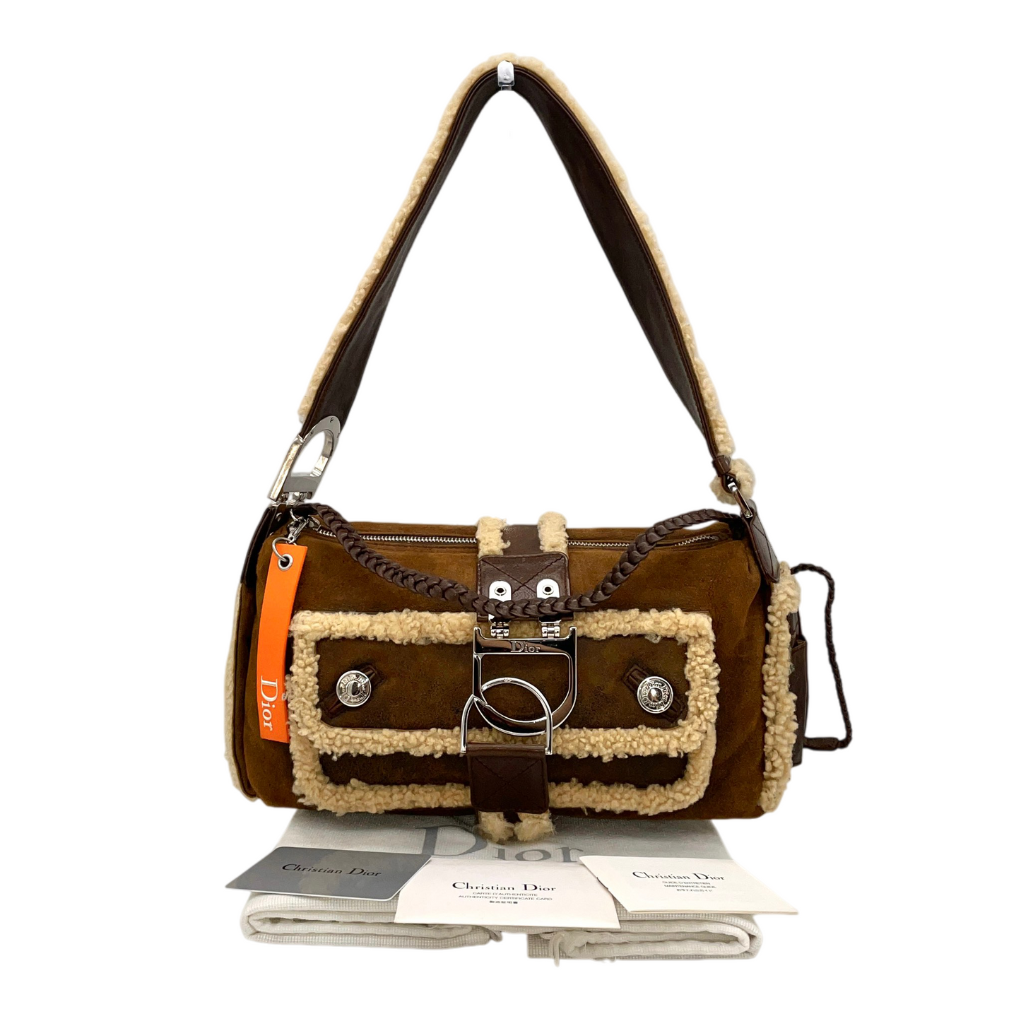 RARE☆☆☆☆☆CHRISTIAN DIOR 2005 FW Limited Flight Line Shearling D Logo Hobo Shoulder Bag Brown & Orange