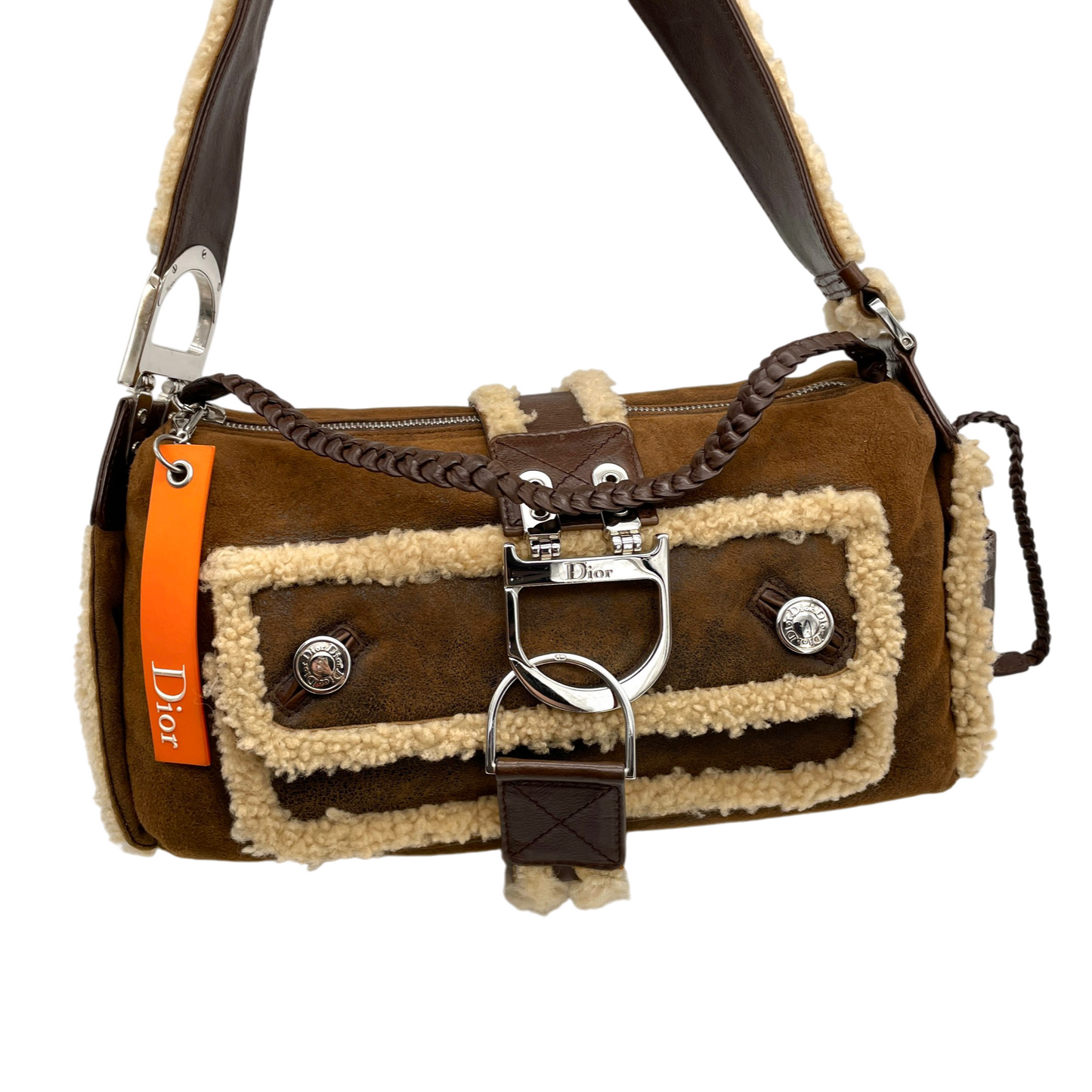 RARE☆☆☆☆☆CHRISTIAN DIOR 2005 FW Limited Flight Line Shearling D Logo Hobo Shoulder Bag Brown & Orange