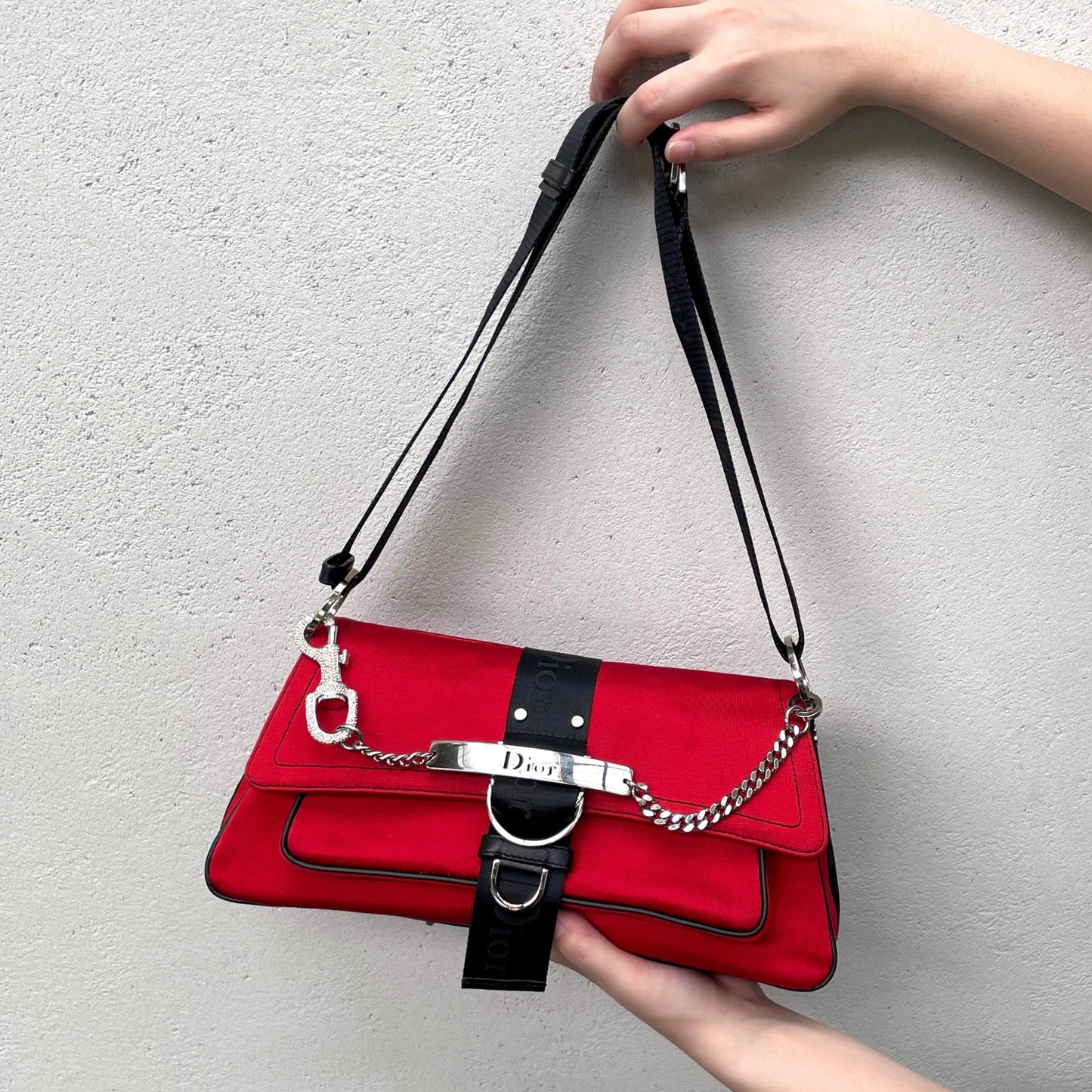 RARE☆☆☆☆CHRISTIAN DIOR Hardcore Rhinestone Chain Handle 2-Way Shoulder Bag Red &amp; Black