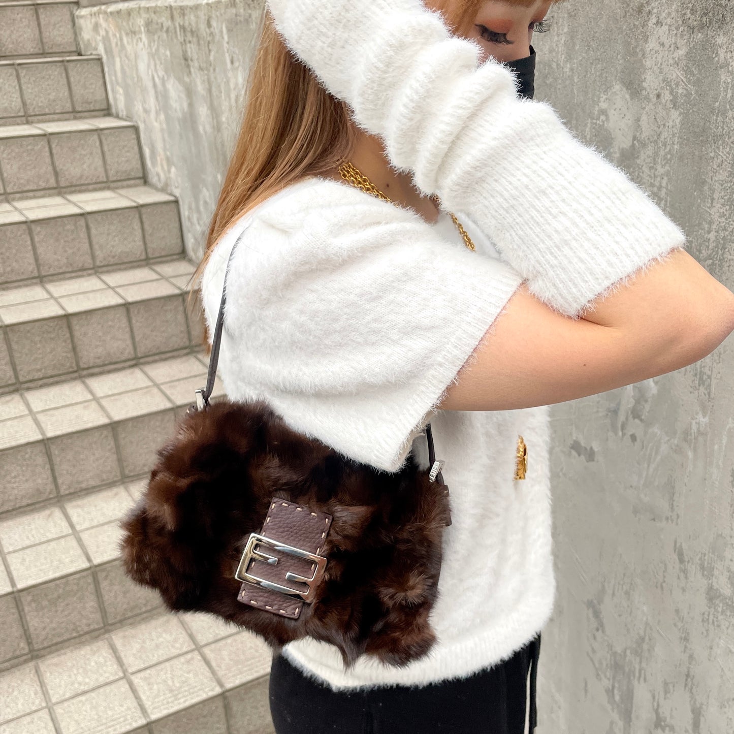 RARE☆☆☆☆☆FENDI Selleria Mink Fur Mini Mamma Baguette Shoulder Bag Brown & Silver