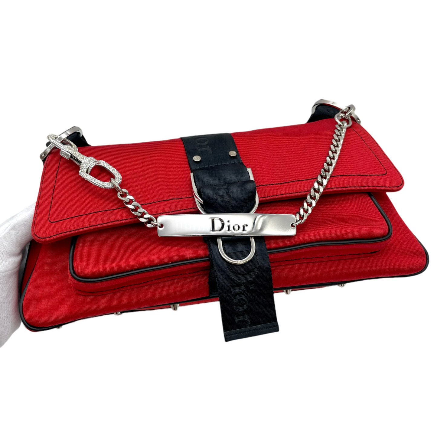 RARE☆☆☆☆CHRISTIAN DIOR Hardcore Rhinestone Chain Handle 2-Way Shoulder Bag Red &amp; Black