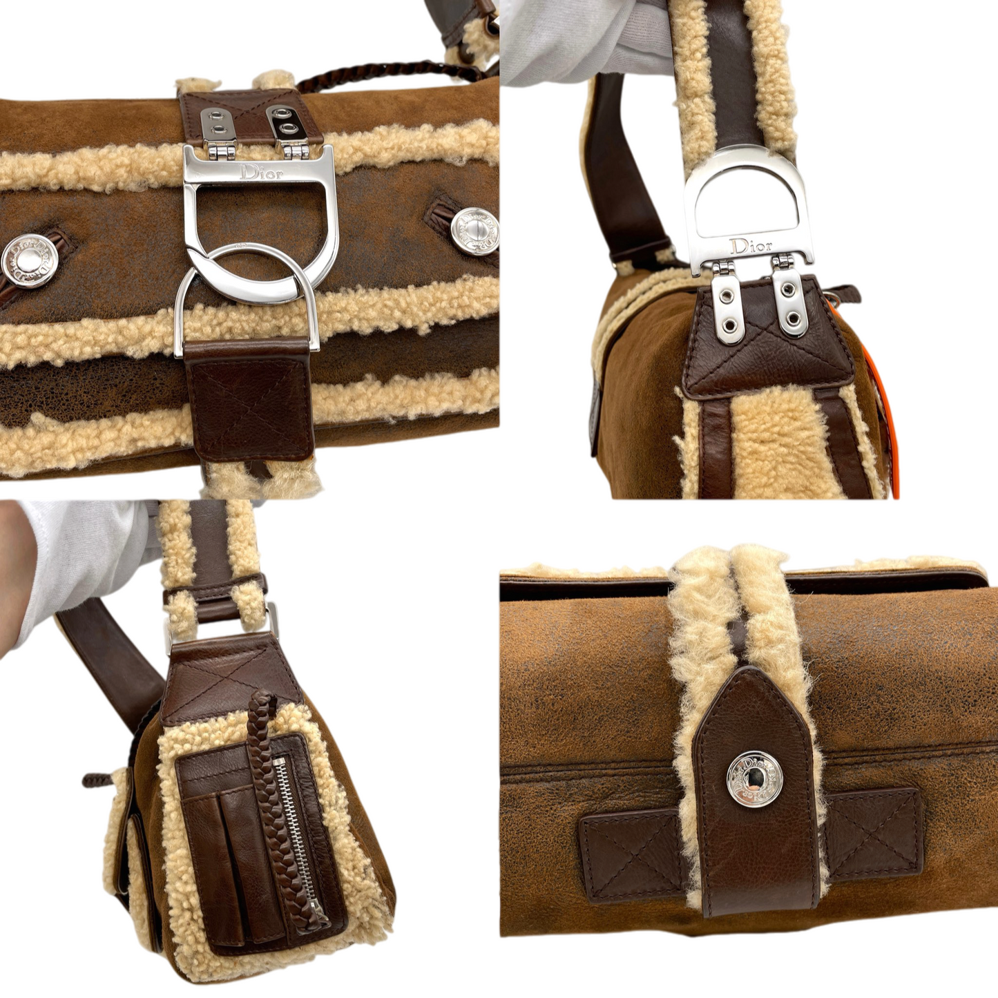 RARE☆☆☆☆☆CHRISTIAN DIOR 2005 FW Limited Flight Line Shearling D Logo Hobo Shoulder Bag Brown & Orange