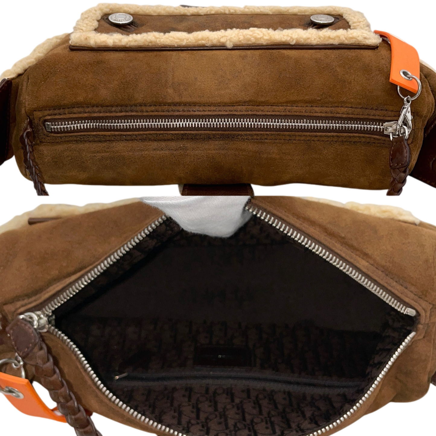 RARE☆☆☆☆☆CHRISTIAN DIOR 2005 FW Limited Flight Line Shearling D Logo Hobo Shoulder Bag Brown & Orange