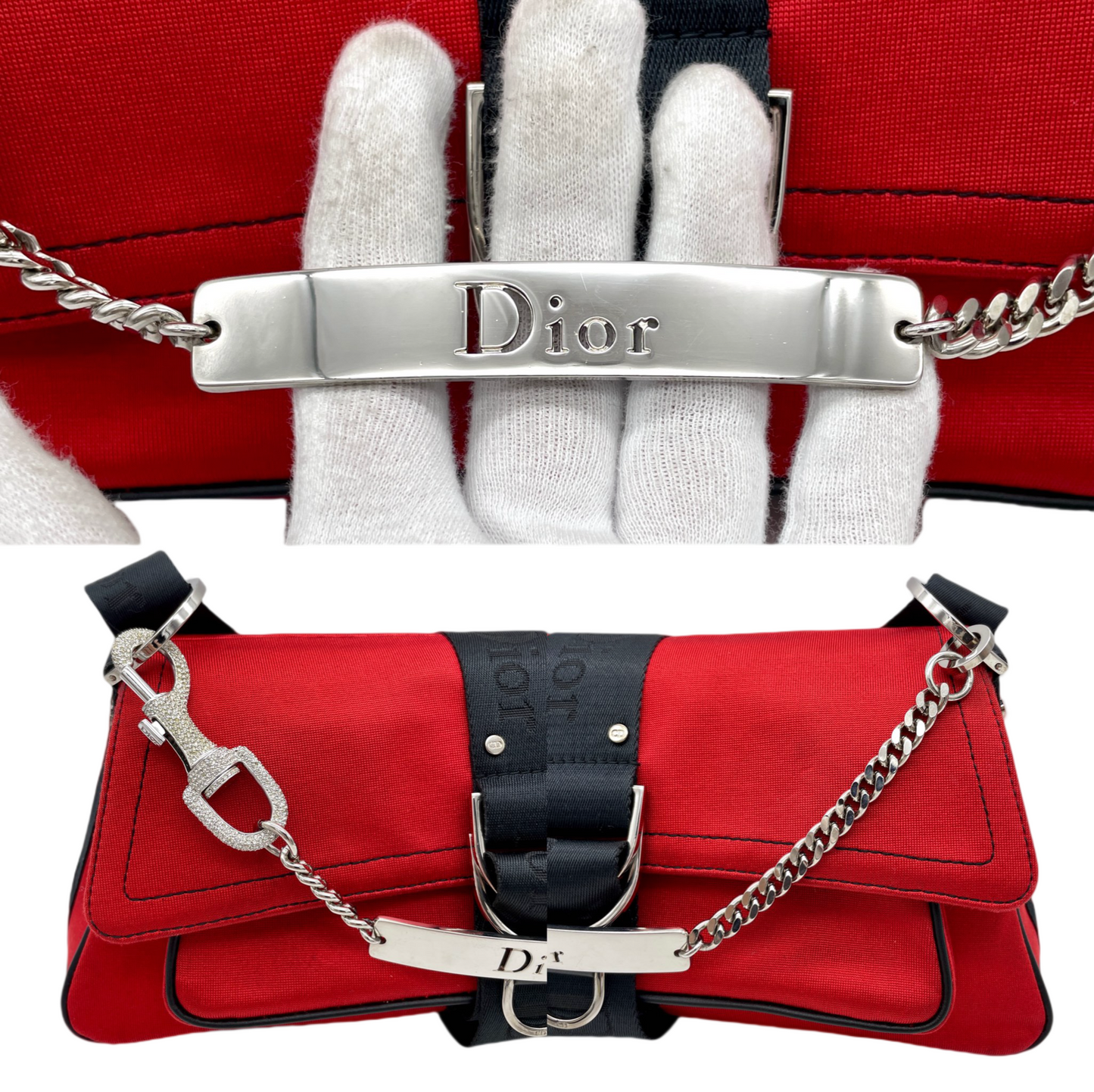 RARE☆☆☆☆CHRISTIAN DIOR Hardcore Rhinestone Chain Handle 2-Way Shoulder Bag Red &amp; Black
