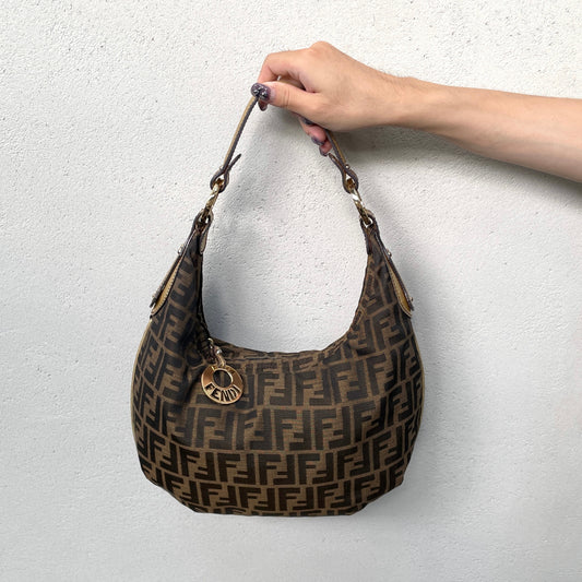 RARE★★★FENDI Zucca Canvas Chef Hobo Shoulder Bag Medium Brown Gold