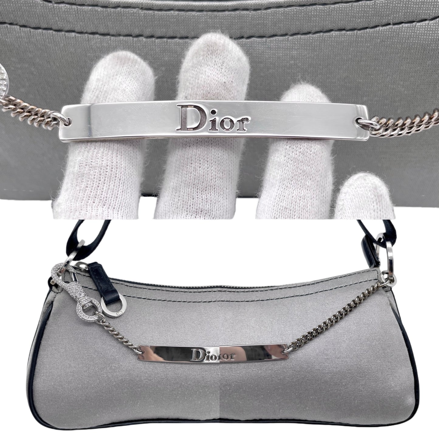 RARE☆☆☆☆CHRISTIAN DIOR Hardcore Line Rhinestone Chain Handle 2-Way Shoulder Bag PM Gray &amp; Black SHW