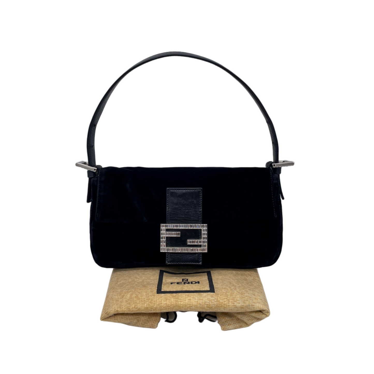 RARE☆☆☆☆FENDI Velvet Rhinestone Logo Hard Wear Mamma Baguette PM Shoulder Bag Black &amp; Silver