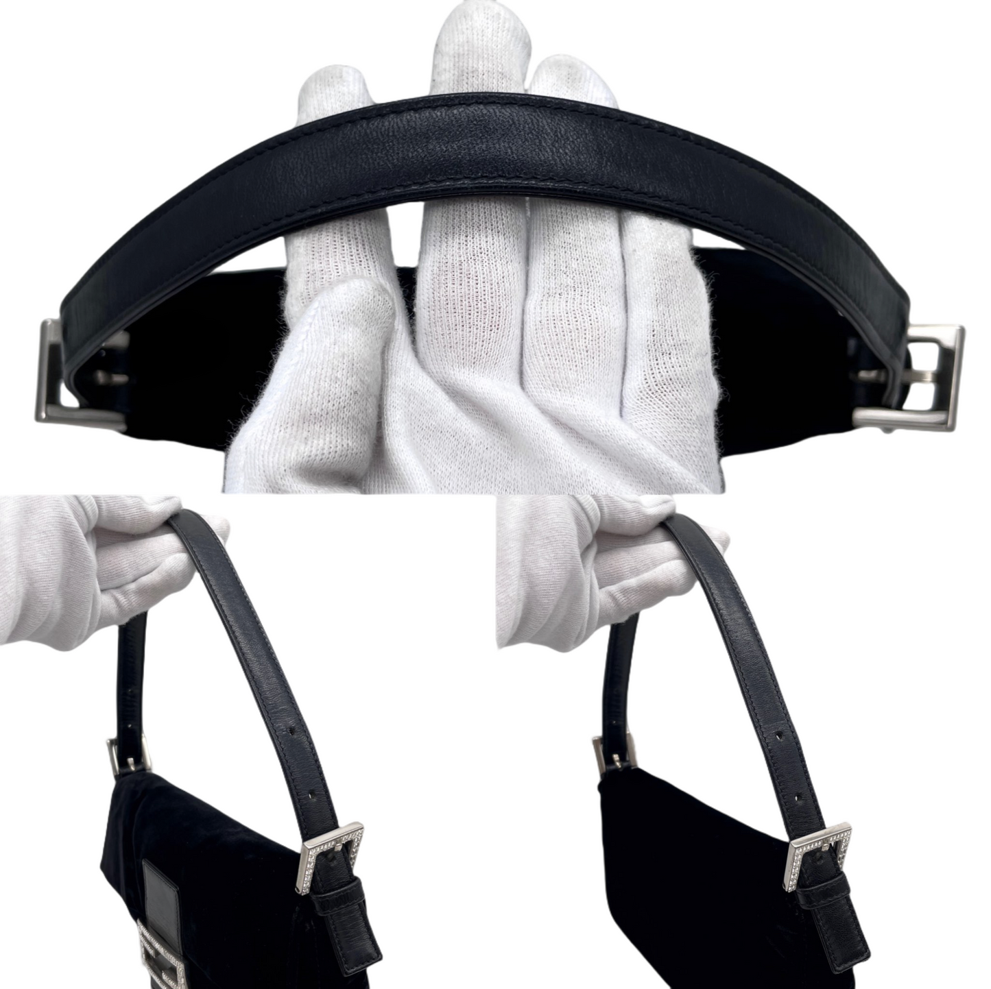 RARE☆☆☆☆FENDI Velvet Rhinestone Logo Hard Wear Mamma Baguette PM Shoulder Bag Black &amp; Silver