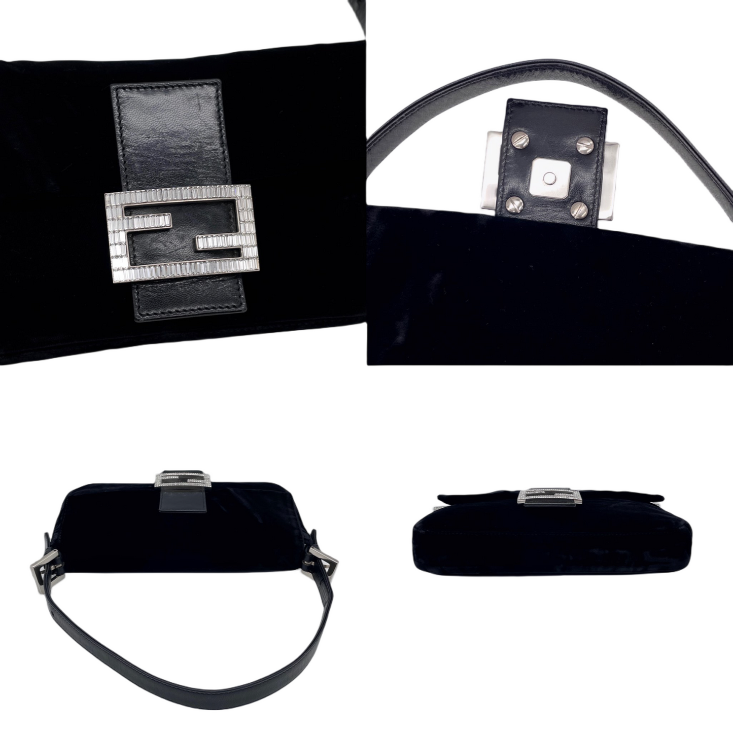 RARE☆☆☆☆FENDI Velvet Rhinestone Logo Hard Wear Mamma Baguette PM Shoulder Bag Black &amp; Silver