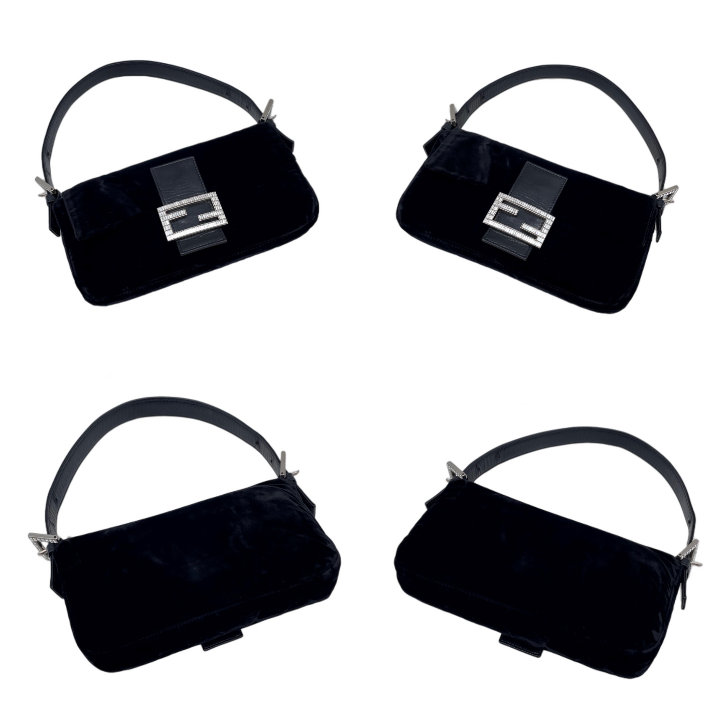 RARE☆☆☆☆FENDI Velvet Rhinestone Logo Hard Wear Mamma Baguette PM Shoulder Bag Black &amp; Silver