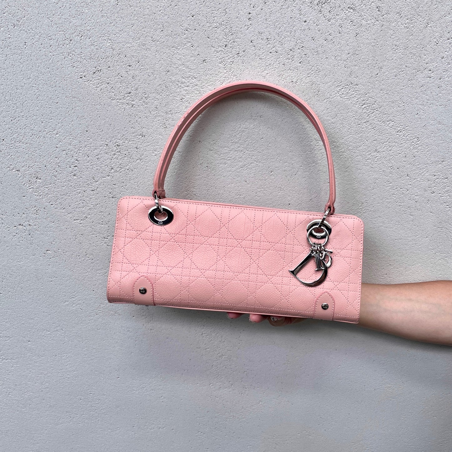 RARE☆☆☆☆CHRISTIAN DIOR Lady-Dior Cannage Leather LOGOS Charm Handbag Pink SHW