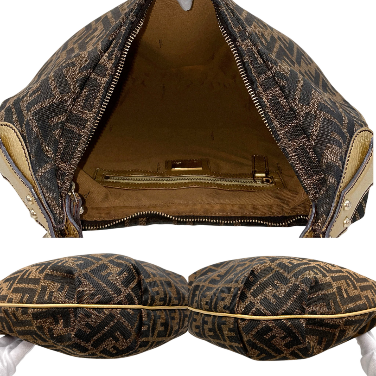 RARE★★★FENDI Zucca Canvas Chef Hobo Shoulder Bag Medium Brown Gold