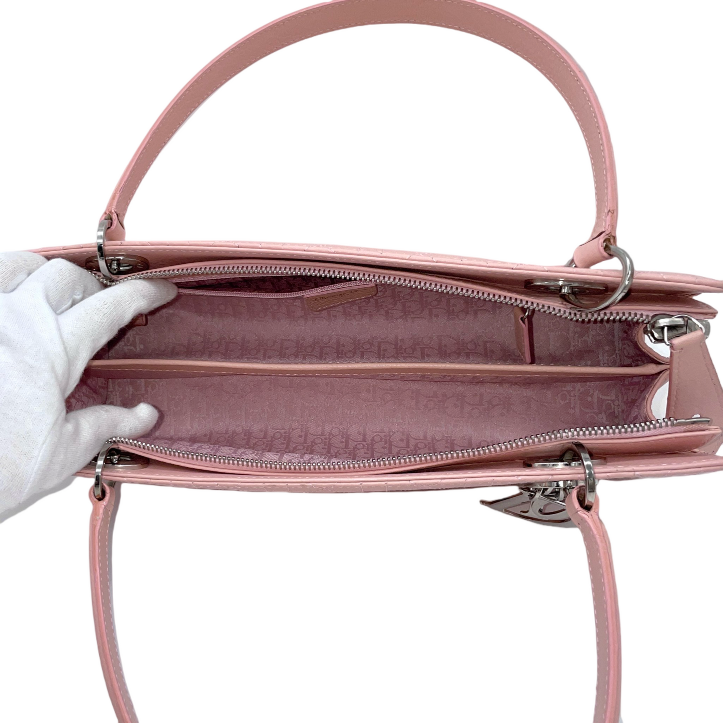 RARE☆☆☆☆CHRISTIAN DIOR Lady-Dior Cannage Leather LOGOS Charm Handbag Pink SHW