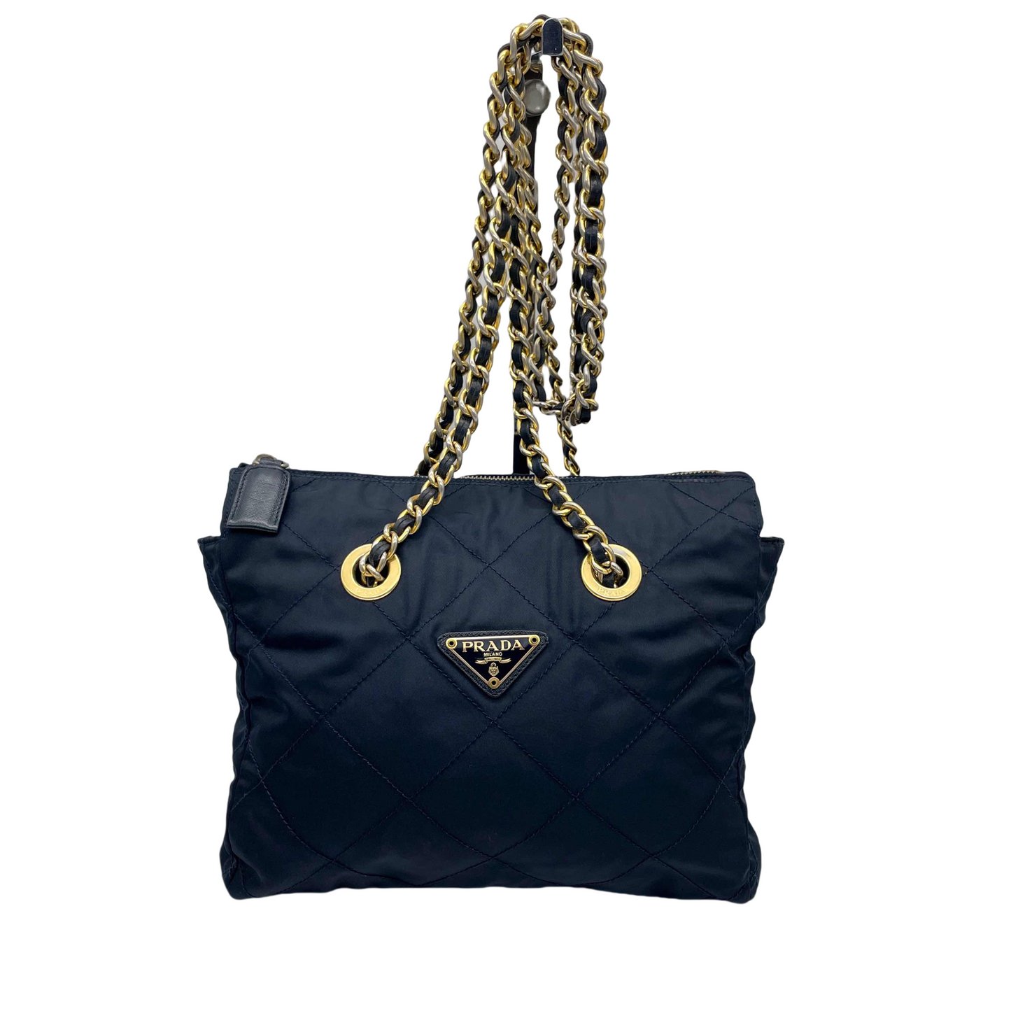 Prada triangle logo chain shoulder nylon tote bag in navy and gold