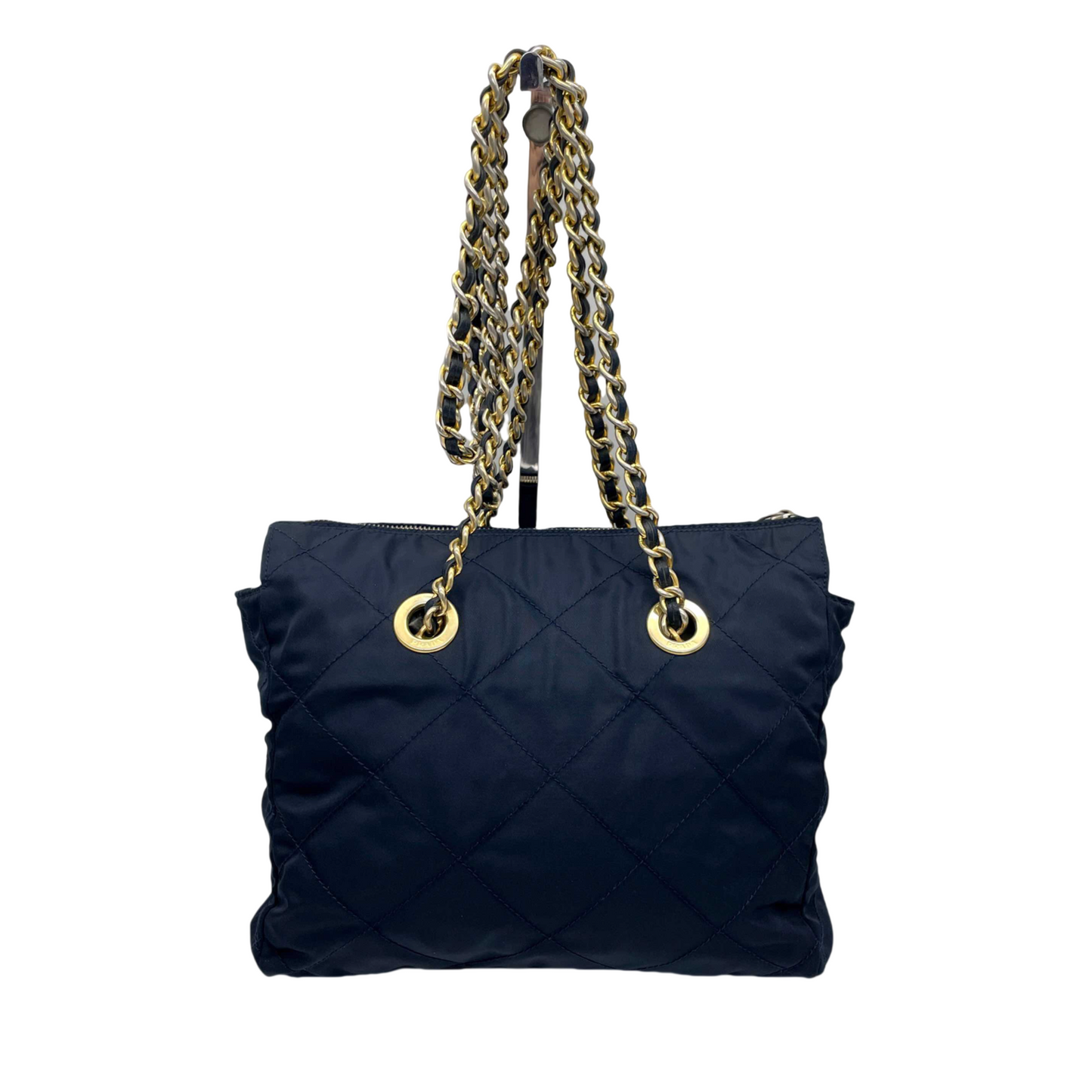 Prada triangle logo chain shoulder nylon tote bag in navy and gold